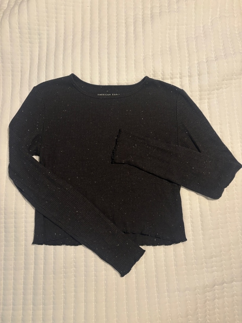 American Eagle Outfitters Black Ribbed Long-Sleeve Crop Top with Subtle Speckle